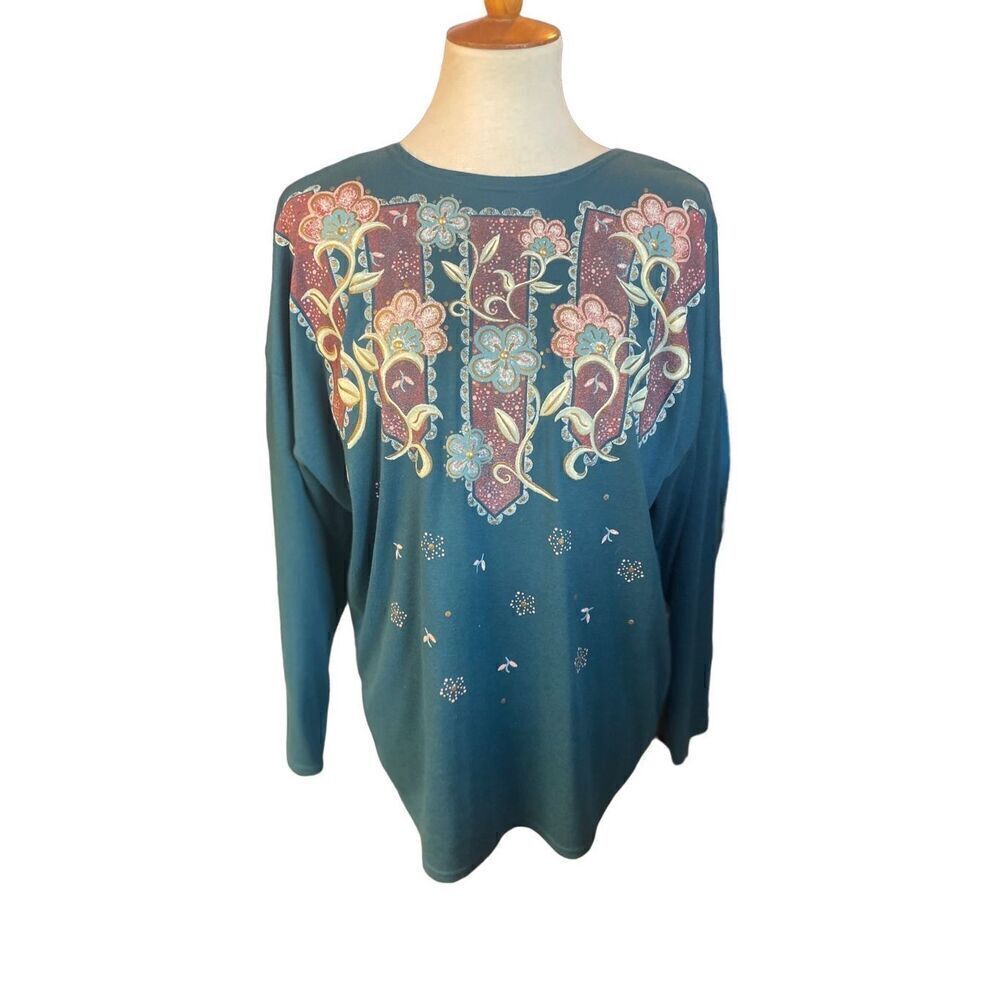 Sassy Sports Women's Vintage Teal Green Gold Floral Long Sleeve Crewneck Sweatsh